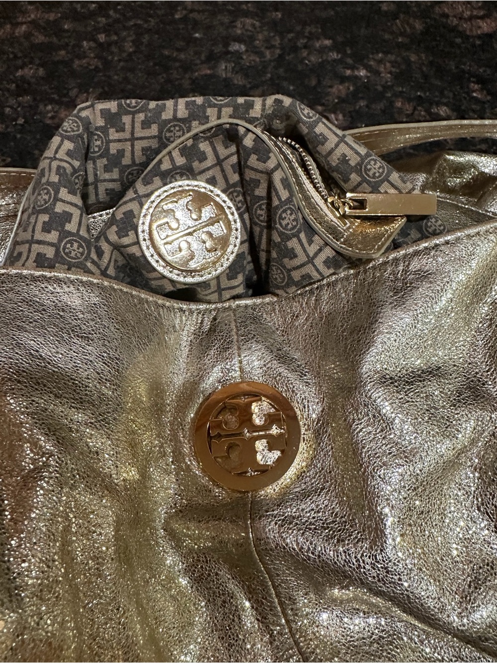 Tory Burch Metallic Gold Logo Shoulder Tote